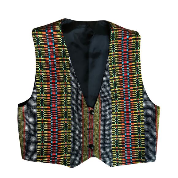 Bohemian Festival Eclectic Multicolor Striped Plaid Tweed Small Button Vest - Picture 1 of 8
